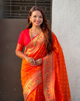 Orange Zari Woven Bandhani Paithani Fusion Silk Saree