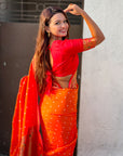 Orange Zari Woven Bandhani Paithani Fusion Silk Saree