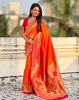 Orange Zari Woven Bandhani Paithani Fusion Silk Saree