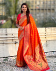 Orange Zari Woven Bandhani Paithani Fusion Silk Saree
