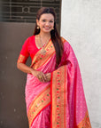 Baby Pink Zari Woven Bandhani Paithani Fusion Silk Saree