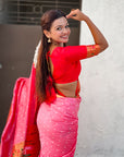 Baby Pink Zari Woven Bandhani Paithani Fusion Silk Saree