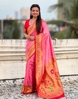 Baby Pink Zari Woven Bandhani Paithani Fusion Silk Saree