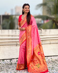 Baby Pink Zari Woven Bandhani Paithani Fusion Silk Saree