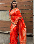 Orange Banarasi Jaal Soft Silk Zari Woven Saree