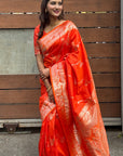 Orange Banarasi Jaal Soft Silk Zari Woven Saree