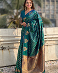 Green Soft Silk Dual Zari Woven Saree with Deer Border