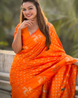 Orange Soft Silk Dual Zari Woven Saree with Deer Border