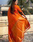 Orange Soft Silk Dual Zari Woven Saree with Deer Border