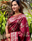 Maroon Banarasi Jaal Soft Silk Zari Woven Saree