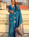 Blue Soft Silk Dual Zari Woven Saree with Deer Border