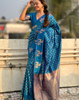 Blue Soft Silk Dual Zari Woven Saree with Deer Border