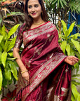Maroon Banarasi Jaal Soft Silk Zari Woven Saree