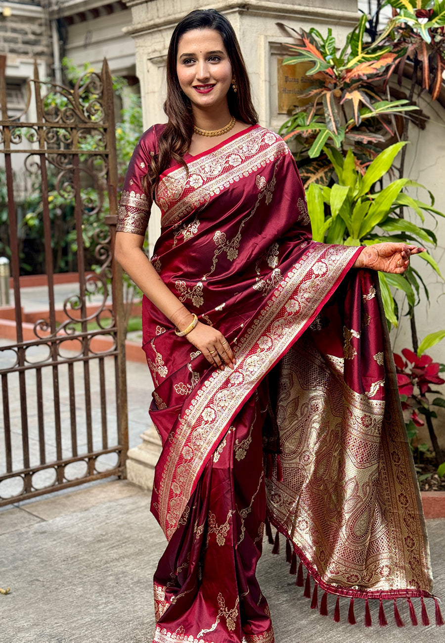 Banarasi Silk Sarees Maroon Color Wedding Sarees Bride Brown