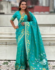 Aqua Blue Zari Woven Pichwai Silk Saree