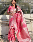 Baby Pink Banarasi Soft Silk Zari Woven 3D Saree