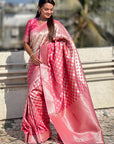 Baby Pink Banarasi Soft Silk Zari Woven 3D Saree