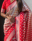 Red Banarasi Soft Silk Zari Woven 3D Saree