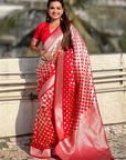 Red Banarasi Soft Silk Zari Woven 3D Saree