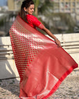 Red Banarasi Soft Silk Zari Woven 3D Saree