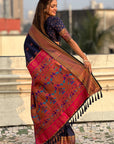 Navy Blue Zari Woven Nath Yeola Paithani Silk Saree