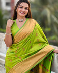 Parrot Green Zari Woven Nath Yeola Paithani Silk Saree