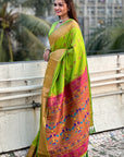 Parrot Green Zari Woven Nath Yeola Paithani Silk Saree