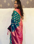 Green Pink Soft Silk Contrast Zari Woven Saree