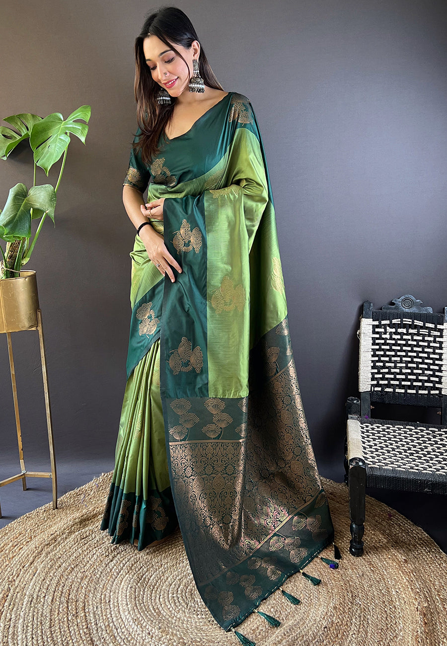 Green Jamdani Saree with Gold Zari /Free Shipping In factory US