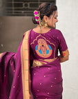 Wine Zari Woven Mahalaxmi God Paithani Silk Saree