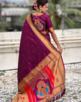 Wine Zari Woven Mahalaxmi God Paithani Silk Saree