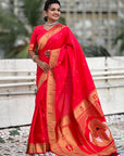 Red Zari Woven Mahalaxmi God Paithani Silk Saree