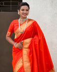 Orange Zari Woven Mahalaxmi God Paithani Silk Saree