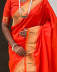 Orange Zari Woven Mahalaxmi God Paithani Silk Saree