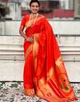 Orange Zari Woven Mahalaxmi God Paithani Silk Saree
