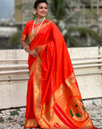 Orange Zari Woven Mahalaxmi God Paithani Silk Saree