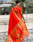 Orange Zari Woven Mahalaxmi God Paithani Silk Saree