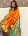 Orange Soft Silk Contrast Zari Woven Saree