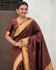 Coffee Zari Woven Mahalaxmi God Paithani Silk Saree