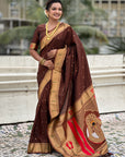 Coffee Zari Woven Mahalaxmi God Paithani Silk Saree
