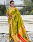 Mehendi Green Zari Woven Mahalaxmi God Paithani Silk Saree