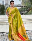 Mehendi Green Zari Woven Mahalaxmi God Paithani Silk Saree
