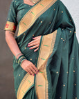 Bottle Green Zari Woven Mahalaxmi God Paithani Silk Saree