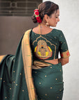 Bottle Green Zari Woven Mahalaxmi God Paithani Silk Saree