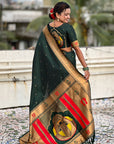 Bottle Green Zari Woven Mahalaxmi God Paithani Silk Saree
