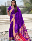 Purple Zari Woven Mahalaxmi God Paithani Silk Saree