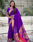 Purple Zari Woven Mahalaxmi God Paithani Silk Saree