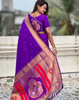 Purple Zari Woven Mahalaxmi God Paithani Silk Saree