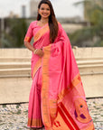 Baby Pink Zari Woven Mahalaxmi God Paithani Silk Saree