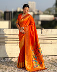Orange Peacock Paithani Zari Woven Saree